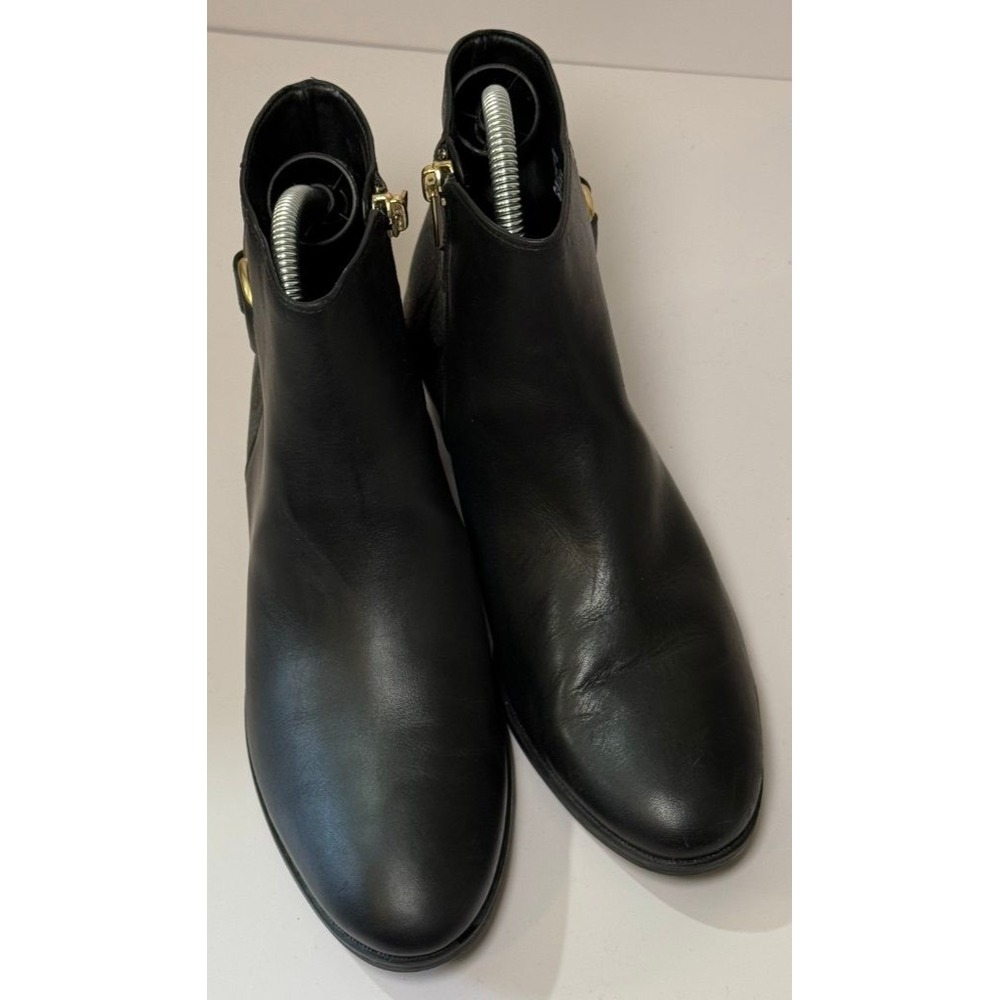 Coach Signature Black Leather Ankle Boots Booties Gold Buckle Zip Womens 7.5